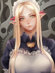  apron bad_id bad_pixiv_id blonde_hair breasts female freckles gears green_eyes highres large_breasts long_hair looking_at_viewer pointy_ears queen&#039;s_blade queen&#039;s_blade_rebellion smile solo tasselcat vante yellow_eyes 