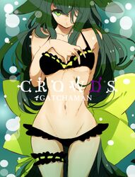  bare_shoulders bikini black_bikini blush commentary_request female gatchaman_crowds green_eyes green_hair groin hair_over_one_eye long_hair lowleg lowleg_bikini midriff miya_utsutsu navel shokupa_(skp300) solo swimsuit very_long_hair 