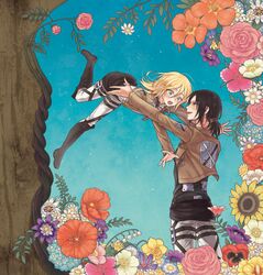  2girls black_hair blonde_hair blue_flower boots commentary_request daffodil daisy dianthus emblem falling flower flower_request freckles full_body highres jacket knee_boots krista_lenz lily_of_the_valley multiple_girls orange_flower outstretched_arms pansy paradis_military_uniform pink_flower pink_rose ponytail poppy_(flower) purple_flower red_flower red_pansy rose shingeki_no_kyojin sunflower tanpi three-dimensional_maneuver_gear training_corps_(emblem) tree white_flower yellow_flower ymir_(shingeki_no_kyojin) 