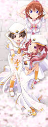  3girls aria_(manga) arms_behind_back atora_monteverdi ayumi_k_jasmine blouse blurry boots brown_hair cherry_blossoms clothing_cutout commentary_request dress earrings fingerless_gloves glasses gloves hat highres himeya_company_uniform jewelry long_dress long_hair looking_up multiple_girls orange_planet_uniform petals photoshop_(medium) red_hair sailor_collar shinozaki_akira shirt short_hair short_sleeves side_slit uniform white_dress white_shirt yumeno_anzu 