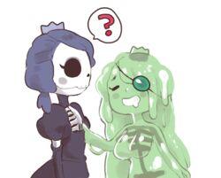  animated_skeleton anterior_nasal_aperture blue_hair blush bodily_fluids bone breasts clothing crown dress drooling duo eye_patch eyewear female goo_creature hair headgear inkerton-kun not_furry princess question_mark royalty saliva simple_background skeleton skeleton_princess skull slime slime_princess_(towergirls) towergirls undead white_background 