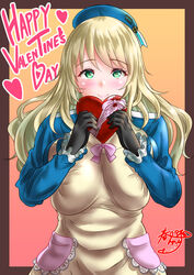  apron atago_(kancolle) beret black_gloves blonde_hair blush bow box breasts chocolate commentary_request female food frilled_sleeves frills gloves green_eyes hat heart heart-shaped_box holding holding_chocolate holding_food jacket kantai_collection kasugano_tobari large_breasts long_hair long_sleeves military military_uniform smile solo uniform valentine 