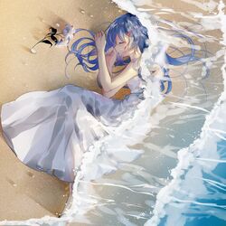  bare_arms bare_shoulders barefoot beach blue_hair blue_nails closed_eyes closed_mouth commentary_request dress female flower from_above full_body hair_ornament long_hair lying nail_polish ocean on_side profile sand see-through sleeping sleeveless sleeveless_dress solo tadatsu vocaloid water white_dress white_flower xin_hua 