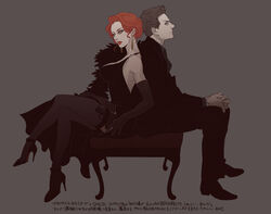  1boy animification avengers_(series) back-to-back black_widow breasts brown_hair clint_barton commentary_request dress elbow_gloves female formal gloves hawkeye_(marvel) high_heels holster marvel medium_breasts natasha_romanoff niwatori pantyhose red_hair sitting suit thigh_holster 