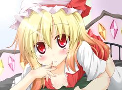  blonde_hair blush bow breasts collarbone commentary_request covered_nipples cowgirl_position female finger_to_mouth flandre_scarlet hat hat_bow highres looking_at_viewer medium_breasts oden_(th-inaba) open_clothes open_collar open_shirt red_eyes shirt slit_pupils solo thighhighs touhou white_thighhighs wings 