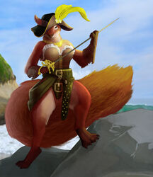  2017 anthro barefoot beach belt belt_buckle bodice breasts buckle claws clothed clothing cloud corset day detailed_background eurasian_red_squirrel feather_hat feathers feet female fur gloves handwear hat hattonslayden headgear headwear hi_res jewelry lingerie looking_at_viewer mammal melee_weapon necklace outside partially_clothed pirate pirate_hat rapier red_body red_fur rock rodent sally_squirrel_(hattonslayden) sand sciurid seaside sky solo sword toe_claws topwear tree_squirrel water weapon yellow_body yellow_feathers 