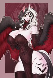  alicorn anthro armwear big_breasts black_lips black_lipstick black_wings breasts cleavage clothed clothing dress elbow_gloves equid equine eyeshadow gloves handwear hi_res horn horn_jewelry horn_ring jewelry legwear lips lipstick makeup mammal mythological_creature mythological_equine mythology necklace red_eyes red_wings ring_(jewelry) thigh_highs two_tone_wings wings wmdiscovery93 