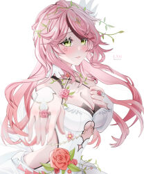  bare_shoulders blush dress female flower gloves green_eyes hand_up highres lan_(ivory_bloom)_(tower_of_fantasy) lan_(tower_of_fantasy) looking_at_viewer pink_hair rose simple_background solo solo_focus tower_of_fantasy uriuritei wedding_dress white_background white_dress white_gloves 