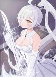  absurdres breasts dress female gloves grey_background hand_up highres open_mouth ponytail saki_fuwa_(tower_of_fantasy) saki_fuwa_(ultimate_pure_white)_(tower_of_fantasy) sword tower_of_fantasy weapon wedding_dress white_dress white_gloves white_hair yellow_eyes 