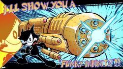  2024 action_scene anthro black_body black_border black_nose border colored dialogue domestic_cat english_text exclamation_point fangs featureless_crotch featureless_feet featureless_hands feet felid feline felis felix_the_cat felix_the_cat_(series) futuristic futuristic_gun gesture hand_gesture hi_res looking_at_viewer male mammal nude open_mouth oversized_weapon pointing pointing_at_viewer pose proton_gun raykichishadow shaded signature solo standing tail talking_to_viewer teeth text weapon white_mouth 