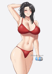  absurdres arm_up armpits bare_arms bare_shoulders bikini black_hair can cowboy_shot female grey_background grin highres holding holding_can long_hair looking_at_viewer navel obosounds original red_bikini red_eyes simple_background smile solo standing stomach swimsuit thighs 