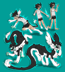  alien ambiguous_gender amphimorpho anthro black_body black_fur blue_eyes blue_pawpads clothed clothing eyewear fur glasses hi_res human long_ears long_tail mammal partial_transformation pawpads rocket_(tuxedodragon) shirt solo speckled_body tail tank_top tongue tongue_out topwear transformation transformation_sequence tripping tuxedodragon white_body white_fur 