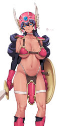  armor bikini_armor black_hair blue_eyes breasts commentary_request dragon_quest dragon_quest_iii female gloves helmet holding holding_shield holding_sword holding_weapon large_breasts long_hair looking_at_viewer navel onomeshin shield simple_background soldier_(dq3) solo sword weapon white_background winged_helmet 