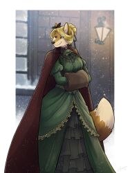  anthro black_nose blonde_hair blue_eyes breasts canid canine cape clothed clothing dipstick_tail dress female fox fur hair jennifer_sherwood jlbriere mammal markings outside snow snowing solo tail tail_markings yellow_body yellow_fur 