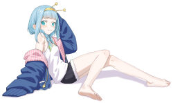  agemmata aqua_eyes aqua_hair armpit_crease bare_legs barefoot black_shorts blue_jacket blunt_bangs blush braid breasts feet female full_body fur_trim hair_over_shoulder hairband highres jacket jelly_hoshiumi jelly_hoshiumi_(2nd_costume) knees_together_feet_apart legs long_hair looking_at_viewer off_shoulder on_ground open_clothes open_jacket phase_connect shadow short_shorts shorts sidelocks simple_background sleeves_past_fingers sleeves_past_wrists small_breasts soles solo tank_top toenails toes twin_braids virtual_youtuber white_background white_tank_top yellow_hairband 