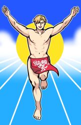  1boy abs bara facial_hair full_body glico_man happy lewis_smith male_focus muscular muscular_male navel nipples official_alternate_costume outstretched_arms parody pelvic_curtain sideburns_stubble solo spread_arms standing stubble sun_symbol sunburst thick_eyebrows topless_male wasted_m9 yuuki_bakuhatsu_bang_bravern 