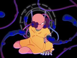  1boy angry black_background colored_skin daddy_long_legs_(rain_world) five_pebbles hand_on_own_arm iterator_(rain_world) kipkune looking_at_viewer no_humans no_mouth no_nose pink_skin rain_world robe robot robot_ears wide-eyed yellow_robe 