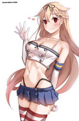  absurdres adapted_costume arm_behind_back bare_shoulders black_panties black_ribbon blonde_hair blue_skirt blush braid breasts buttons cleavage cosplay crop_top curly_hair double-breasted elbow_gloves female gloves gradient_hair hair_between_eyes hair_ribbon hand_up heart highleg highleg_panties highres hip_focus kantai_collection long_hair looking_at_viewer medium_breasts microskirt midriff miniskirt mizuki_(uzuki_no_sato) multicolored_hair navel orange_hair panties pink_hair pleated_skirt red_eyes ribbon shimakaze_(kancolle) shimakaze_(kancolle)_(cosplay) shirt skindentation skirt smile solo striped_clothes striped_thighhighs thighhighs thighs underwear very_long_hair waving white_gloves white_shirt yuudachi_(kancolle) yuudachi_kai_ni_(kancolle) 