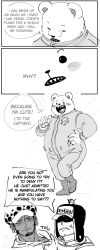  anthro bear bepo_(one_piece) blush clothing english_text fur group hi_res human humor jumpsuit male male/male mammal nekokat42 one_piece overweight polar_bear smile smug text trafalgar_law trio ursine white_body white_fur 