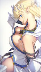  armored_gloves back_cutout bare_shoulders blonde_hair blue_eyes breasts cape cleavage clothing_cutout crown detached_sleeves dress elf female highres kawanakajima large_breasts long_hair looking_at_viewer looking_back original pointy_ears side_slit simple_background solo white_background white_dress 