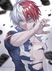  1boy blue_eyes boku_no_hero_academia burn_scar closed_mouth commentary debris expressionless grey_eyes hair_between_eyes hand_up heterochromia highres looking_at_viewer male_focus mametanu_ura multicolored_hair pectorals red_hair scar scar_on_face short_hair solo split-color_hair todoroki_shouto torn_clothes twitter_username two-tone_hair upper_body white_background white_hair 