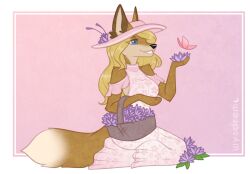  anthro arthropod black_nose blonde_hair blue_eyes breasts brown_body brown_fur butterfly canid canine clothed clothing dipstick_tail dress female flower fox fur hair hat headgear headwear insects jennifer_sherwood lepidopteran mammal markings plant solo tail tail_markings wysdrem 