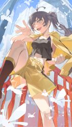  ahoge araragi_tsukihi black_socks black_tank_top clenched_hand female fighting_stance grey_eyes highres jacket jacket_on_shoulders leg_up long_hair looking_to_the_side monogatari_(series) omurice_(304975636) open_mouth ponytail shorts sidelocks socks solo standing standing_on_one_leg tank_top yellow_jacket yellow_shorts 