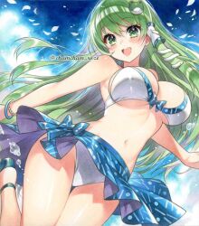  :d bikini bikini_skirt blush bracelet breasts chacham commentary_request cowboy_shot female frog_hair_ornament green_eyes green_hair hair_ornament hair_tubes jewelry kochiya_sanae large_breasts long_hair looking_at_viewer marker_(medium) navel open_mouth single_hair_tube smile snake_hair_ornament solo standing standing_on_one_leg stomach swimsuit teeth touhou traditional_media twitter_username upper_teeth_only very_long_hair white_bikini 