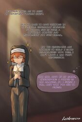  breasts closed_eyes clothing dialogue female flat_chested hair headgear headwear human jewelry leoderorero mammal necklace not_furry nun nun_habit nun_outfit offscreen_character orange_hair praying religious_clothing short slim small_breasts solo standing thinking thought_bubble tight_clothing unnamed_character 