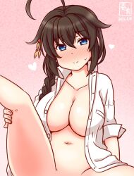  ahoge artist_logo black_hair blue_eyes braid breasts cleavage collared_shirt dated dress_shirt female gradient_background hair_flaps hair_over_shoulder heart kanon_(kurogane_knights) kantai_collection large_breasts logo long_hair looking_at_viewer no_panties open_clothes open_shirt out-of-frame_censoring pink_background shigure_(kancolle) shigure_kai_san_(kancolle) shirt single_braid smile solo spread_legs white_shirt 