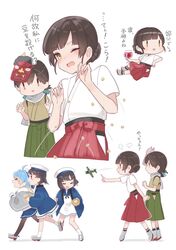  5girls aircraft airplane beans black_hair black_pantyhose black_socks blue_hair blue_skirt blush braid brown_eyes commentary daitou_(kancolle) dougi dress green_hakama hakama hat highres holding japanese_clothes kantai_collection kasuga_maru_(kancolle) long_hair mask mask_on_head masu motion_lines multiple_girls multiple_views one_eye_closed open_mouth pantyhose pleated_skirt red_hakama rudder_footwear sado_(kancolle) sailor_dress sailor_hat setsubun short_hair shounan_(kancolle) skirt socks taiyou_(kancolle) translation_request twin_braids white_dress white_headwear white_legwear yamashichi_(mtseven) yawata_maru_(kancolle) yellow_eyes 