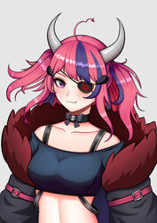  :3 absurdres breasts choker english_commentary eyepatch fang_out female grey_background highres horns indie_virtual_youtuber ironmouse medium_breasts oerba_yun_fang one_eye_covered pendramon pink_hair purple_eyes solo two_side_up virtual_youtuber 