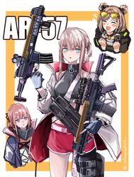  3girls absurdres ar-57 ar-57_(girls&#039;_frontline) assault_rifle belt_buckle black_tank_top blush buckle cosplay crop_top eyewear_on_head fingerless_gloves girls&#039;_frontline glasses gloves green_eyes gun hair_bun hair_ornament highres holding holding_weapon jacket lithographica long_hair magazine_(weapon) multiple_girls open_mouth p90_(girls&#039;_frontline) pink_hair ponytail rifle short_shorts shorts single_hair_bun single_thighhigh st_ar-15_(girls&#039;_frontline) st_ar-15_(girls&#039;_frontline)_(cosplay) st_ar-15_(mod3)_(girls&#039;_frontline) tank_top thighhighs weapon 