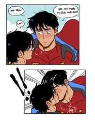  ! !! 2boys absurdres bara batman_(series) black_bodysuit blue_bodysuit blush bodysuit cape dc_comics dick_grayson english_text highres jonathan_kent kissing large_pectorals looking_at_another male_focus multiple_boys muscular muscular_male nightwing pectorals red_bodysuit red_cape speech_bubble superboy superhero_costume superman_(series) suyohara two-tone_bodysuit yaoi 