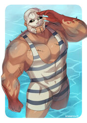  1boy absurdres artist_name bara blood blood_on_hands bodysuit border closed_mouth dead_by_daylight diving_suit highres hooked_on_you kunknee large_pectorals male_focus male_swimwear mask muscular muscular_male official_alternate_costume pectoral_cleavage pectorals scar scar_on_arm scar_on_chest scar_on_face solo the_trapper_(dead_by_daylight) wading water wetsuit white_border white_male_swimwear 