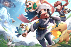  1boy akari_(pokemon) arm_up beret black_hair blue_hair blue_pants blue_sky commentary covered_mouth cyndaquil day fangs female fire floating_hair galaxy_expedition_team_survey_corps_uniform gonzarez grass grey_eyes hand_on_headwear hand_on_own_head hat head_scarf highres hisuian_braviary hisuian_zorua holding holding_poke_ball japanese_clothes kimono long_hair looking_ahead looking_to_the_side mountain nature obi open_mouth oshawott outdoors pants parted_lips plain poke_ball poke_ball_(legends) pokemon pokemon_(creature) pokemon_legends:_arceus ponytail red_headwear red_scarf rei_(pokemon) rowlet sash scarf scarf_grab scenery short_hair sidelocks sky sunlight tree v-shaped_eyebrows vortex wyrdeer 