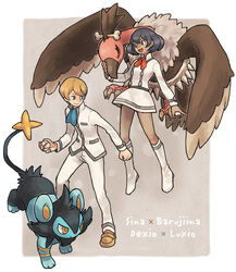  1boy black_fur black_hair boots brown_footwear character_name commentary_request dark_skin dexio_(pokemon) female holding holding_poke_ball ikra_(katacoly) jacket light_brown_hair long_sleeves luxio mandibuzz open_mouth pants poke_ball pokemon pokemon_(creature) pokemon_xy premier_ball shoes short_hair sina_(pokemon) smile tongue white_footwear white_jacket white_pants 