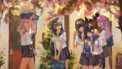  5girls anti-rain_(girls&#039;_frontline) autumn bag black_hair breasts brown_eyes cherry_blossoms eyepatch flower girls&#039;_frontline hair_flower hair_ornament heterochromia highres legs long_hair m16a1_(girls&#039;_frontline) m4_sopmod_ii_(girls&#039;_frontline) m4a1_(girls&#039;_frontline) medium_breasts multiple_girls pink_eyes pink_hair ponytail ro635_(girls&#039;_frontline) school_bag school_uniform serafuku short_hair sidelocks st_ar-15_(girls&#039;_frontline) standing thighs very_long_hair viscum walking yellow_eyes 