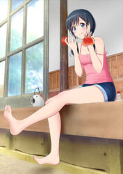  :q absurdres amano_hina_(tenki_no_ko) bad_id bad_pixiv_id barefoot black_hair blue_eyes blue_shorts blush breasts cleavage closed_mouth collarbone commentary_request denim denim_shorts feet female food fruit full_body hair_over_shoulder highres holding long_hair off_shoulder partial_commentary pink_shirt shirt short_shorts shorts sitting sleeveless sleeveless_shirt small_breasts smile soles solo spaghetti_strap summer tenki_no_ko tina_(pixiv37050289) toes tongue tongue_out twintails watermelon 