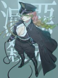  adapted_costume boots braid breasts capelet chromatic_aberration cleavage cleavage_cutout clothing_cutout collared_shirt commentary female full_body gradient_hair green_eyes green_hair hand_on_own_hip hat high_heel_boots high_heels holding holding_weapon holding_whip kanroji_mitsuri kimetsu_no_yaiba large_breasts long_hair long_sleeves looking_at_viewer looking_up military military_hat military_uniform mizuki_mau mole mole_under_eye multicolored_hair multiple_braids parted_lips pink_hair shirt solo standing tassel thigh_boots thighhighs translated twitter_username uniform weapon whip zipper zipper_footwear zipper_pull_tab 