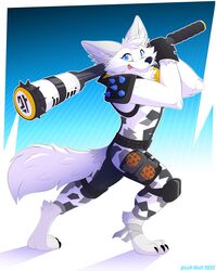  2023 absurd_res anthro arctic_fox biped blue_eyes canid canine clothed clothing digital_media_(artwork) epic_games fortnite fox fully_clothed fur hi_res leo-wolf male mammal pose smile solo tongue tongue_out true_fox volpez_(fortnite) weapon white_body white_fur 