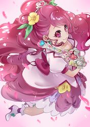  absurdres closed_mouth commentary_request cure_grace female flower from_above gloves hair_flower hair_ornament hanadera_nodoka healin&#039;_good_precure heart_wand highres holding holding_wand long_hair looking_at_viewer magical_girl pink_background pink_eyes pink_hair precure shipu_(gassyumaron) smile solo wand white_gloves 