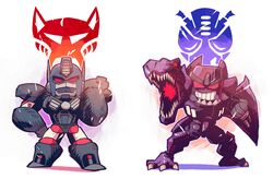  2boys animal ape beast_wars beast_wars:_transformers chibi clenched_teeth dinosaur evil_smile gorilla hand_on_own_hip maximal megatron_(beast_wars) multiple_boys no_humans optimus_primal predacon rariatto_(ganguri) red_eyes reptile rivals serious simple_background smile teeth thighs transformers tyrannosaurus_rex white_background 