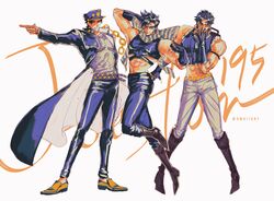  3boys amuii bare_shoulders battle_tendency boots chains crop_top family fingerless_gloves gakuran gloves hat highres jojo_no_kimyou_na_bouken jojo_pose jonathan_joestar jonathan_joestar&#039;s_pose_(jojo) joseph_joestar joseph_joestar_(young) kujo_jotaro kujo_jotaro&#039;s_pose_(jojo) long_coat male_focus midriff multiple_boys phantom_blood pointing pose scarf school_uniform standing stardust_crusaders striped_clothes striped_scarf 