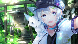  1boy :d animal_on_shoulder araragi_soushi bishounen blue_choker blue_eyes blue_hair choker dappled_sunlight dutch_angle fox highres indie_virtual_youtuber male_focus official_art open_mouth original outdoors pale_skin portrait shrine smile solo stairs stone_torii sunlight teeth torii upper_teeth_only virtual_youtuber yuzuki_(vtuber) 