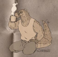  anthro clothing crocodile crocodilian crocodylid daylon_(dislyte) dislyte drinking facial_markings head_markings lilith_games male markings mouth_strap muscular muscular_male reptile scalie shirt solo spikes steam tail tail_motion tailwag tank_top topwear zinthings 