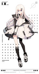  asymmetrical_legwear barcode blue_eyes expressionless female full_body hair_ornament hairclip headphones headphones_around_neck highres jacket kneehighs long_hair looking_at_viewer open_clothes open_jacket original shirt shoes single_kneehigh single_sock single_thighhigh sneakers socks solo thighhighs tsuki-shigure uneven_legwear white_background white_hair white_jacket white_shirt zipper zipper_pull_tab 