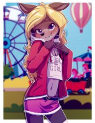  2020 5_fingers aircraft amusement_park amusement_ride anthro balloon blonde_hair blush bottomwear carousel clothed clothing cloud day deer detailed_background digital_media_(artwork) english_text fair fangs female ferris_wheel fingers fur grass hair hi_res hoodie hot_air_balloon inflatable kathrina_prowler lolicon looking_at_viewer mammal nipple_outline outside pattern_balloon plant print_clothing print_topwear public sicmop sky smile solo standing striped_balloon teeth text text_on_clothing text_on_topwear text_print topwear tree vehicle water_deer white_body white_fur young young_anthro 