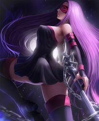  blindfold blurry blurry_foreground boots breasts chains cleavage commentary covered_nipples detached_sleeves dress english_commentary fate/stay_night fate_(series) female forehead_tattoo high_heel_boots high_heels large_breasts limgae lips long_hair medusa_(fate) medusa_(rider)_(fate) nameless_dagger_(fate) photoshop_(medium) profile purple_hair revision solo strapless strapless_dress thighhighs very_long_hair watermark web_address zettai_ryouiki 