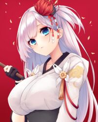  absurdres azur_lane black_gloves blue_eyes commentary female flower gloves hair_flower hair_ornament highres japanese_clothes kimono long_hair looking_at_viewer nameko_houshi partially_fingerless_gloves red_background sash shoukaku_(azur_lane) simple_background solo upper_body white_hair white_kimono 